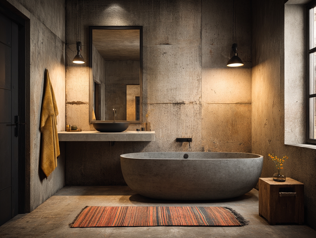 Baño minimalista con acabados en concreto y decoración neutra.