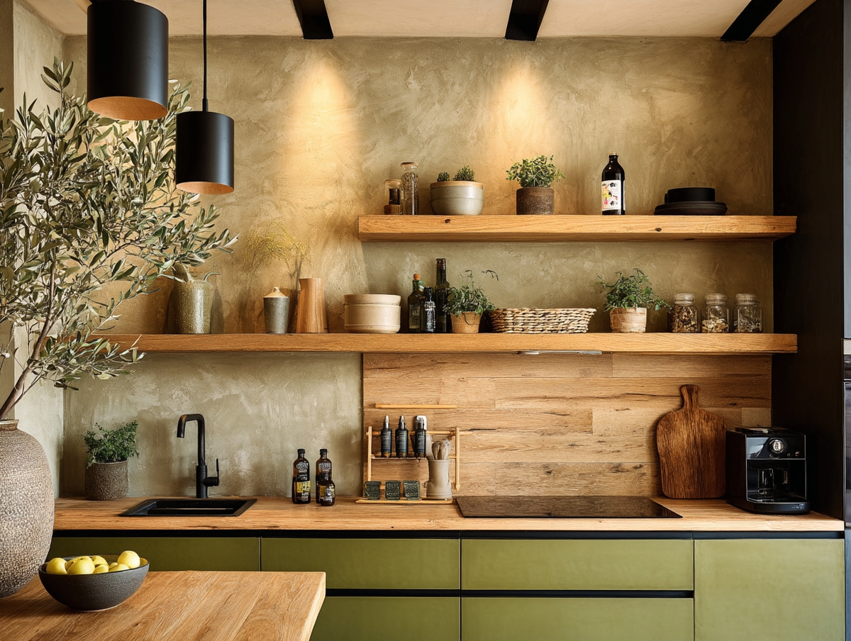 Cocina moderna con estantes de madera, encimera de microcemento y toques verde oliva.
