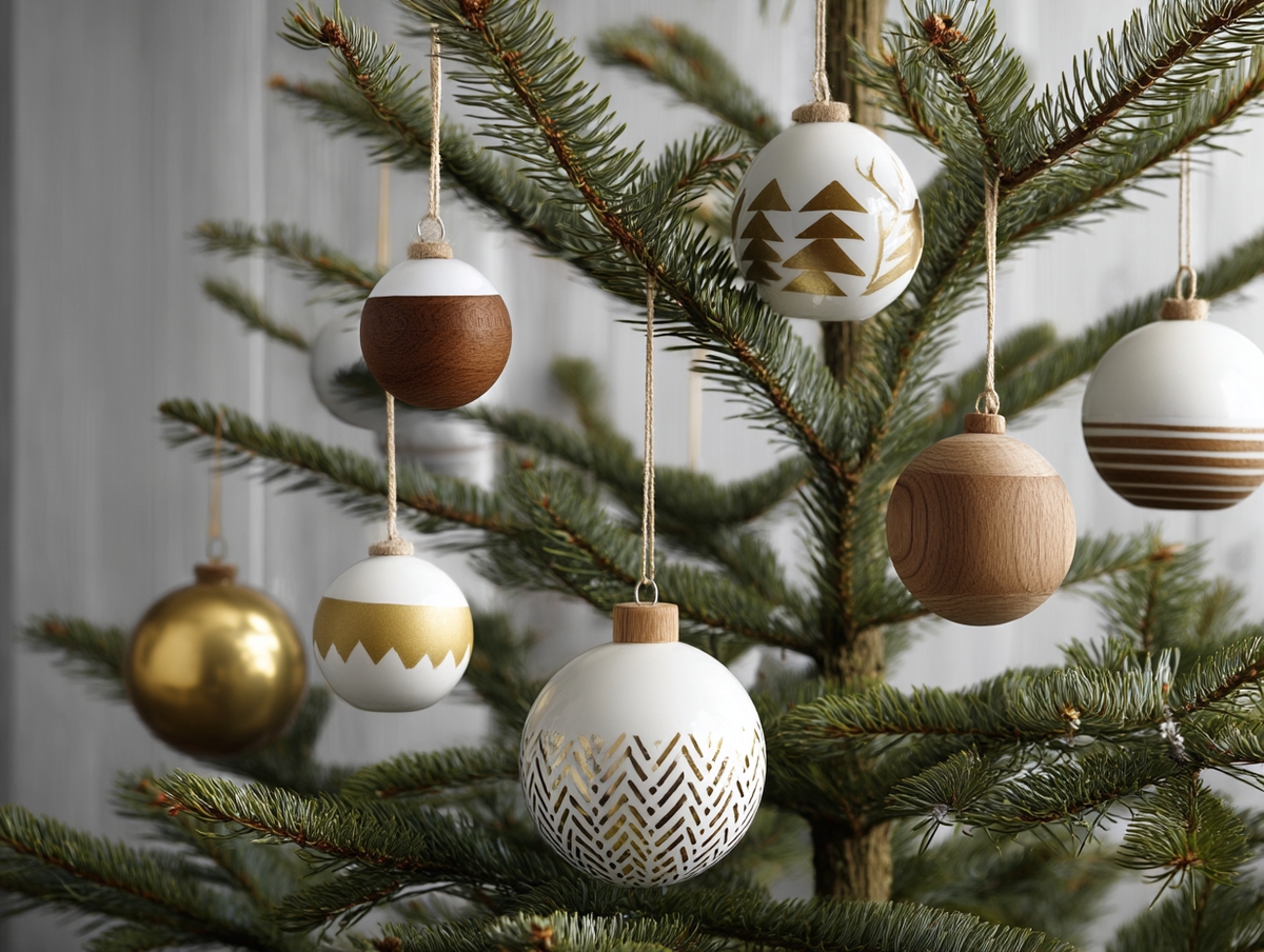 Decoración navideña estilo nórdico con árbol minimalista y adornos en blanco y dorado.