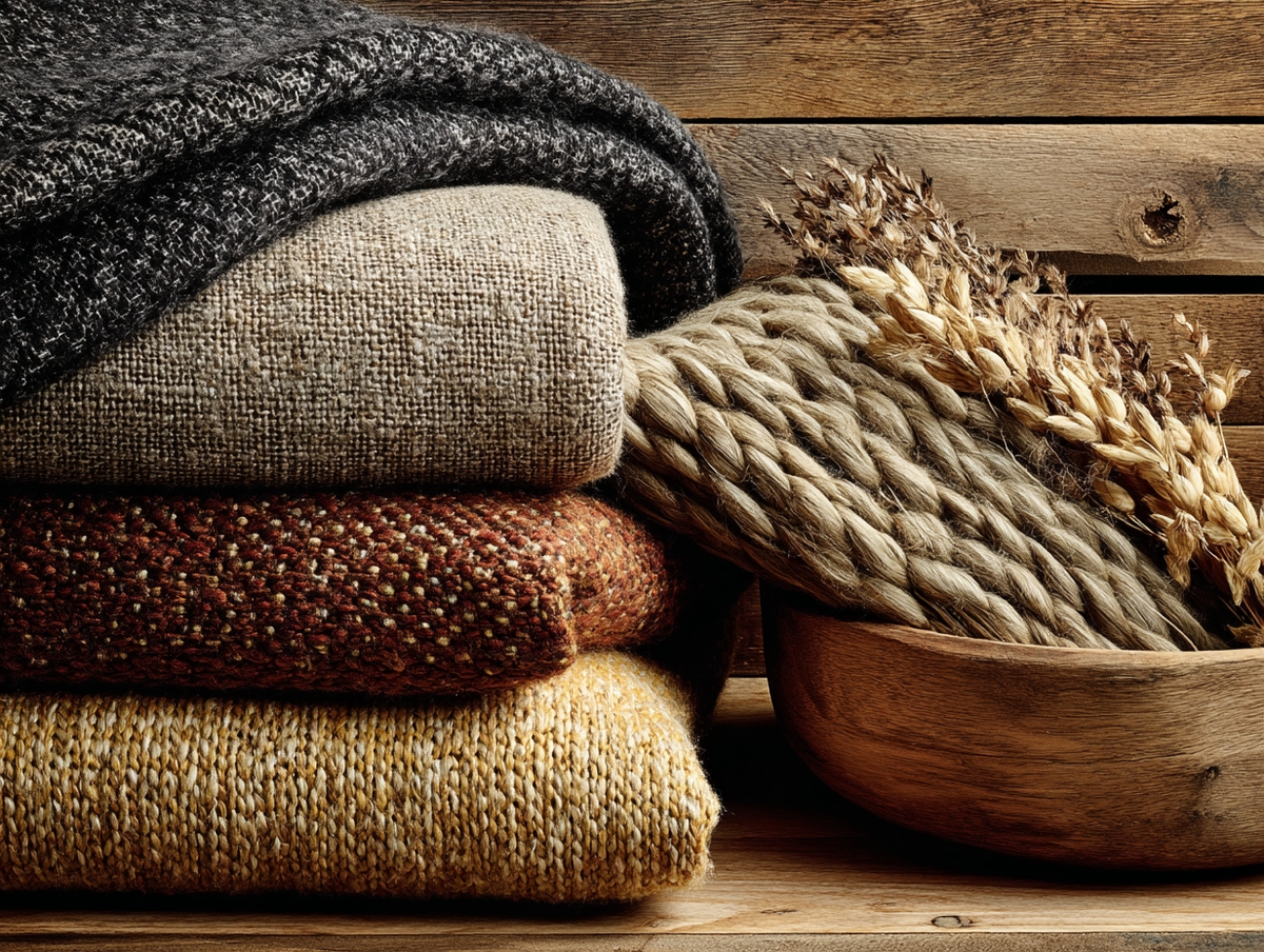 Detalle de texturas naturales en un rincón de lectura con muebles de madera.