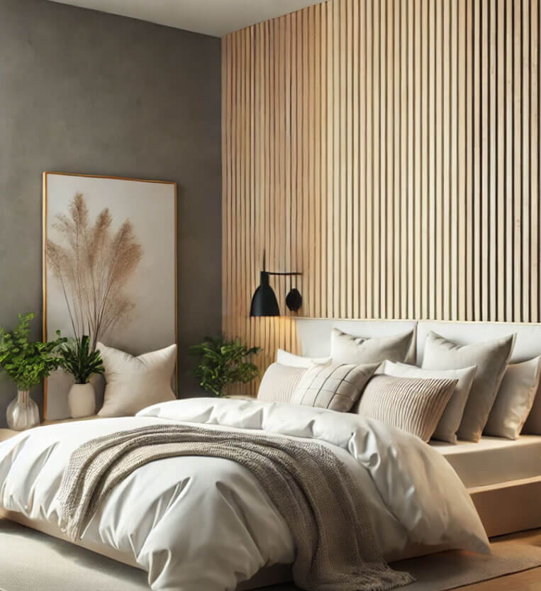 lambrin-habitacion Dormitorio moderno con pared revestida con lambrín decorativo de madera clara en San Luis Potosí