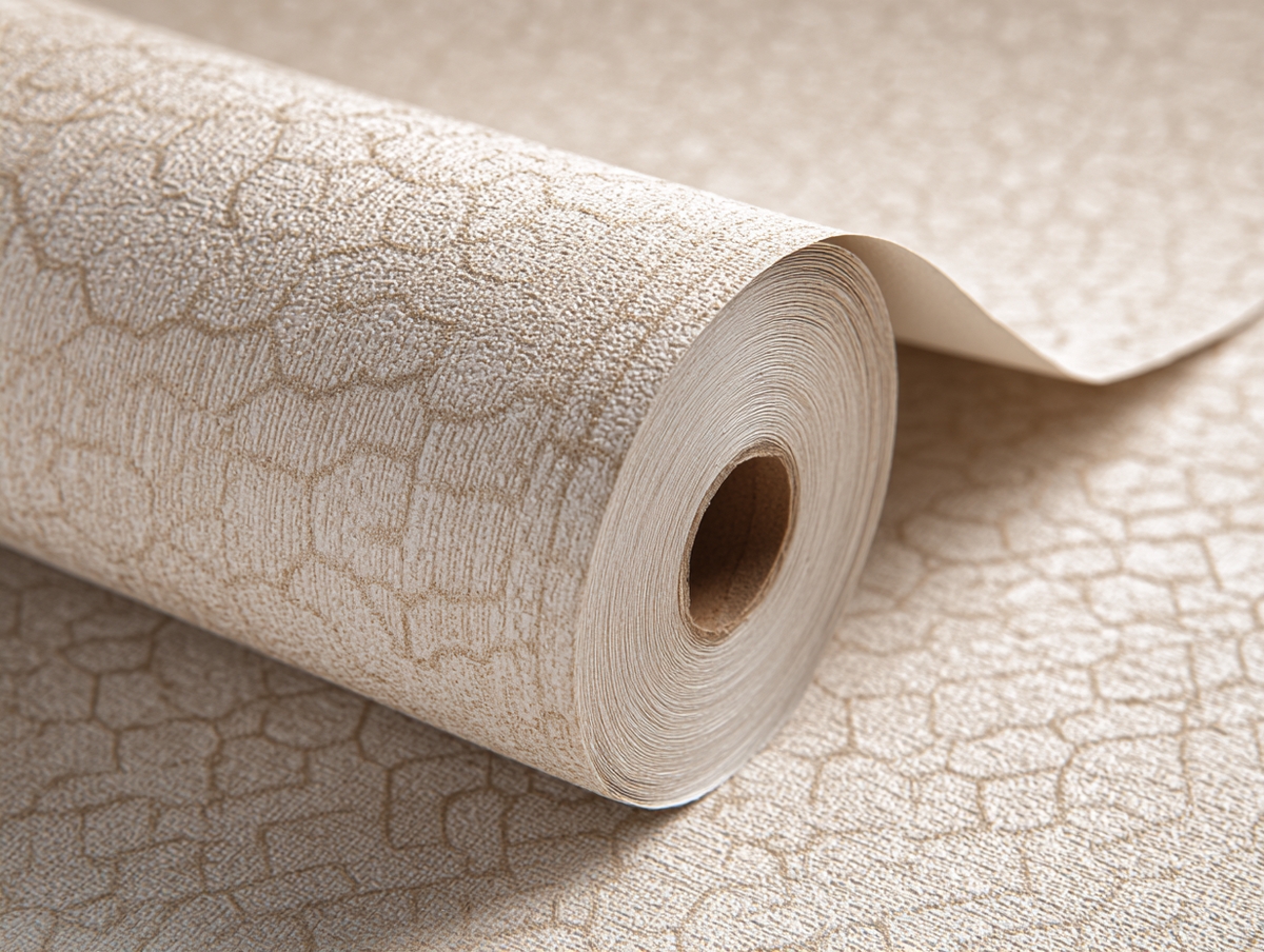 Detalle de papel tapiz decorativo vinílico con textura geométrica.