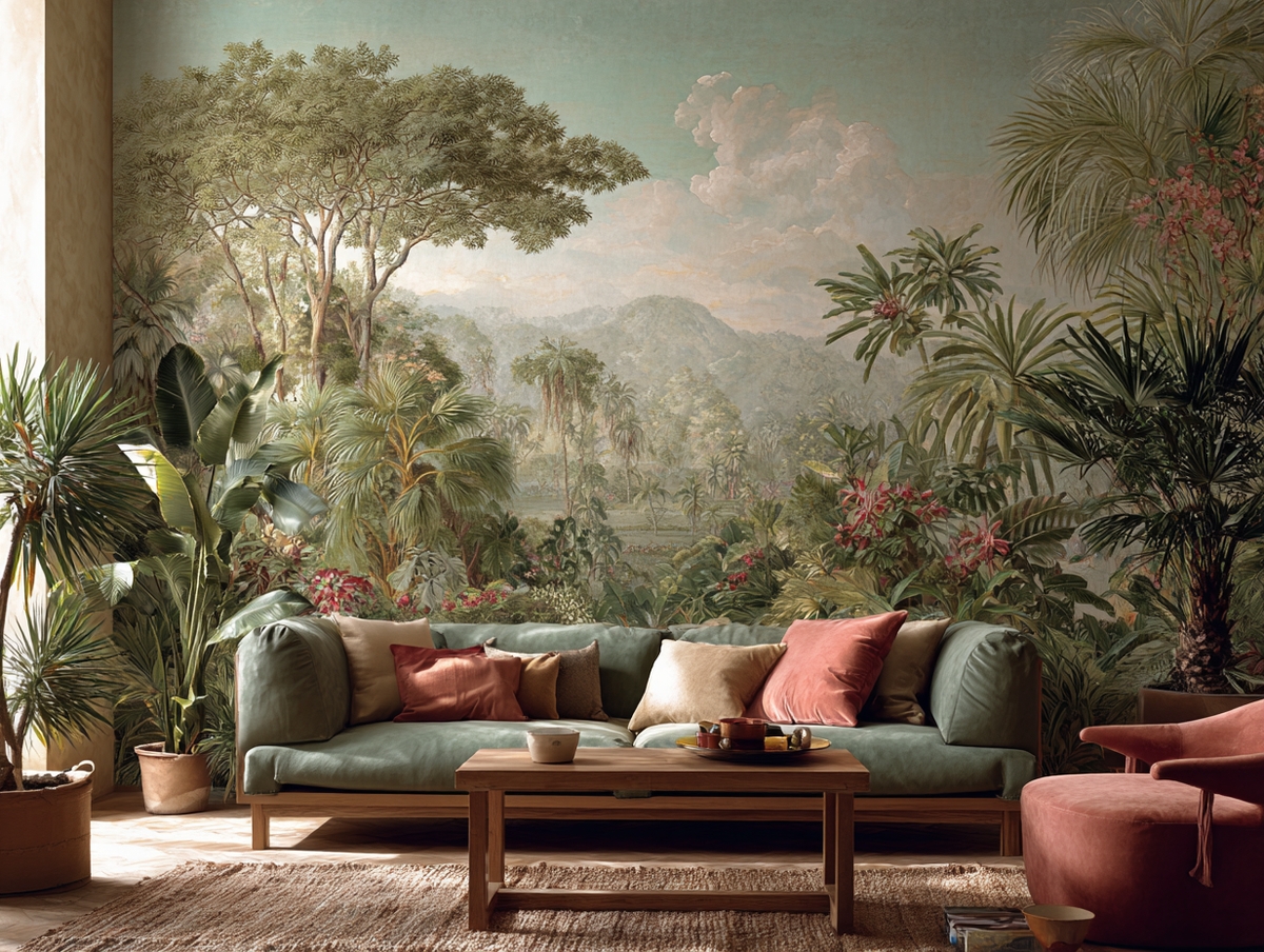 Sala decorada con papel tapiz mural panorámico tropical.