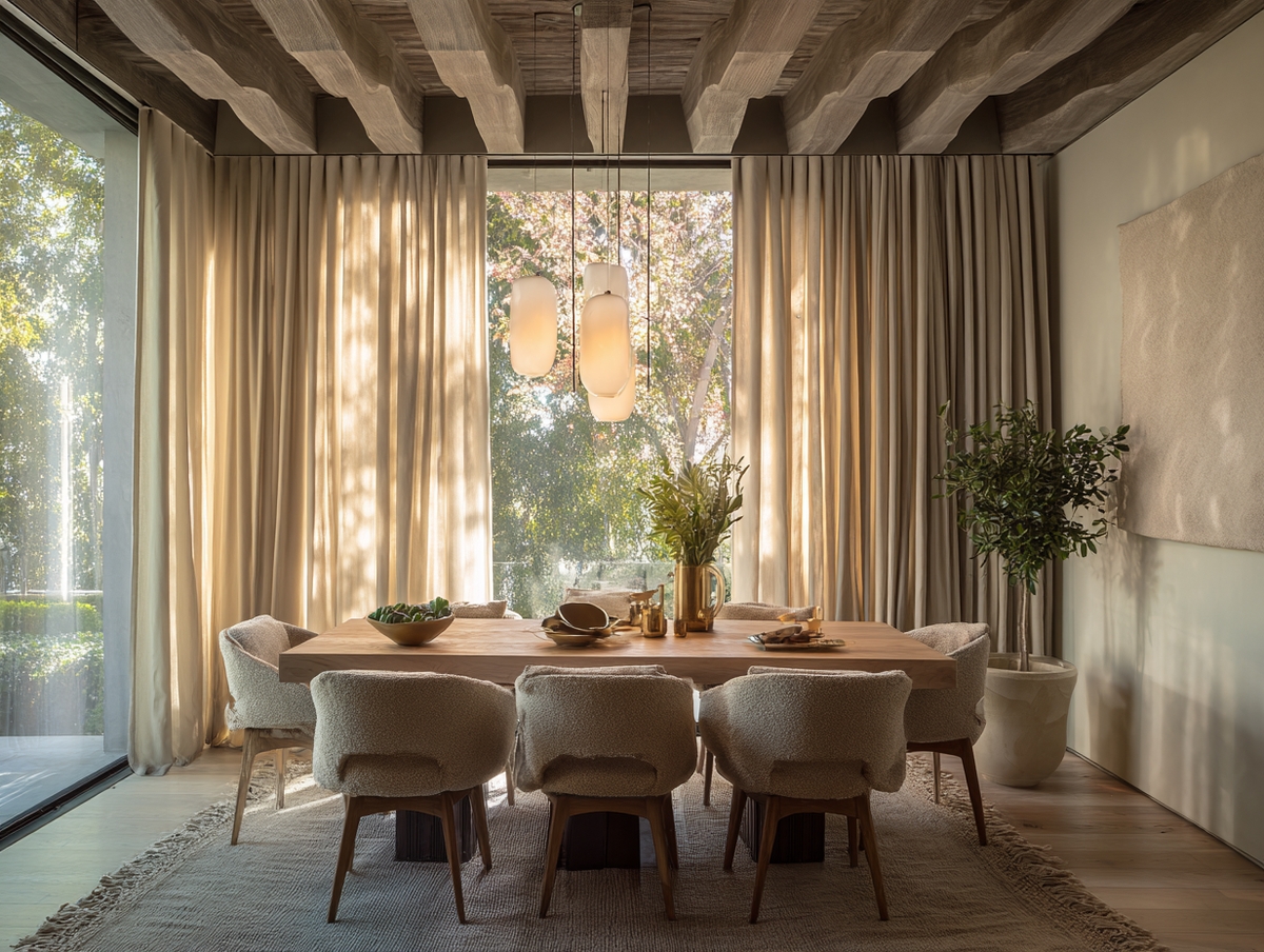 Comedor moderno con cortinas de lino color camel.