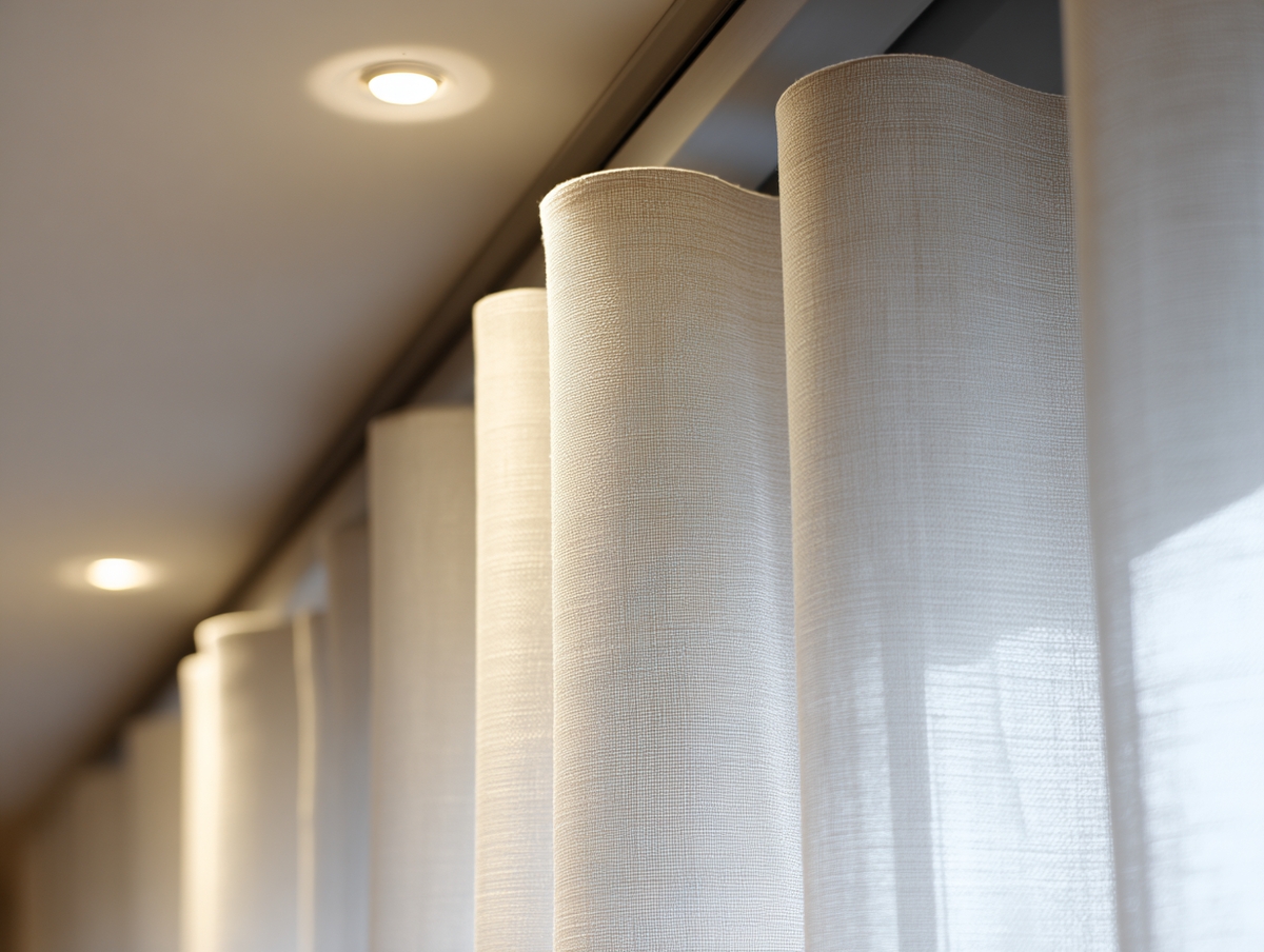 Detalle de cortina moderna tipo wave en lino blanco.