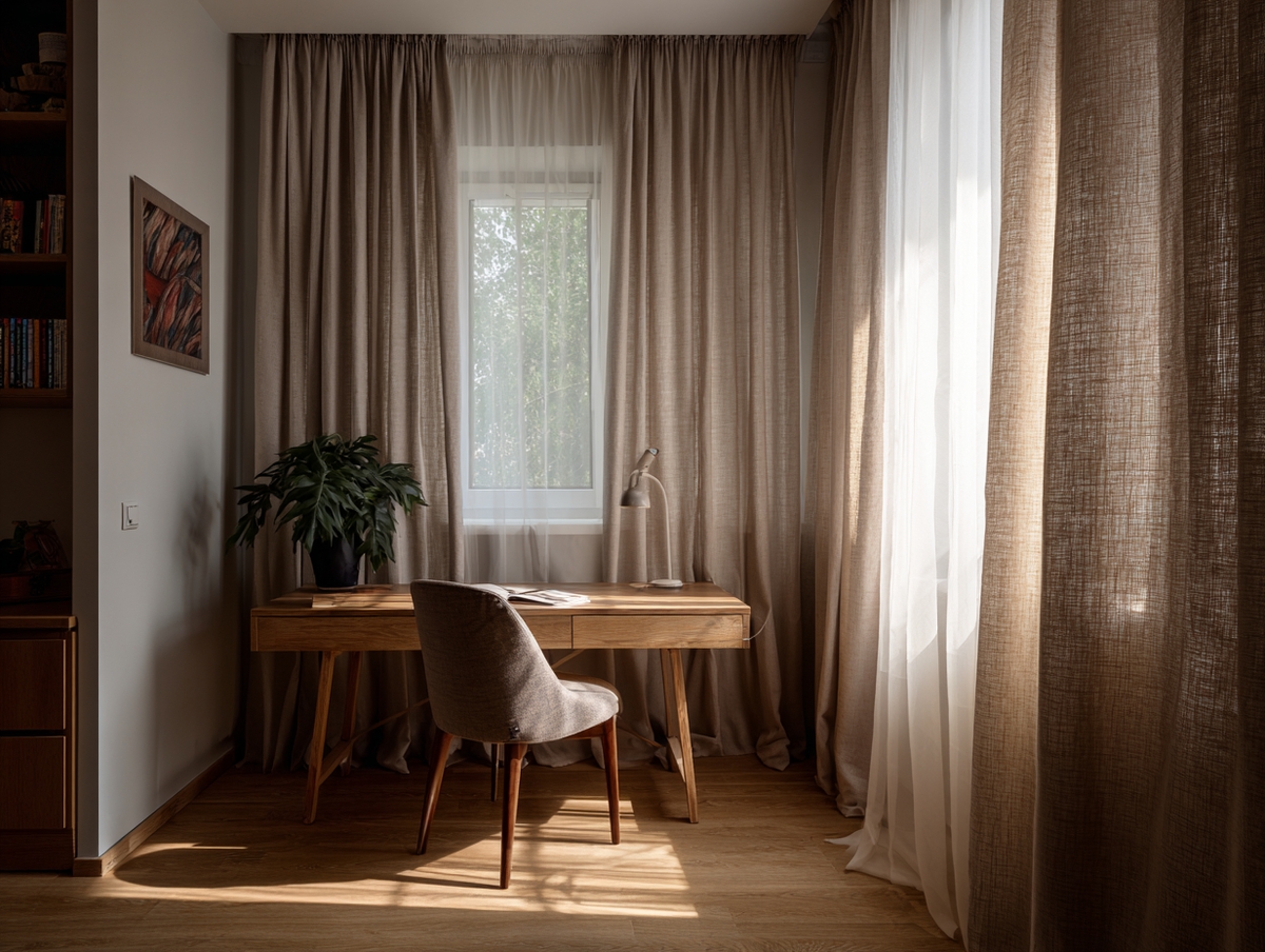 Cuarto con cortinas traslúcidas y blackout decorativo.