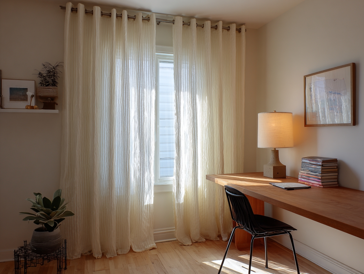 Oficina en casa con cortinas modernas traslúcidas.
