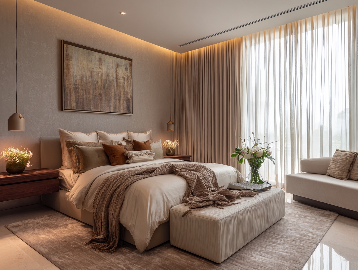 Recámara moderna en SLP con cortinas blackout color beige.
