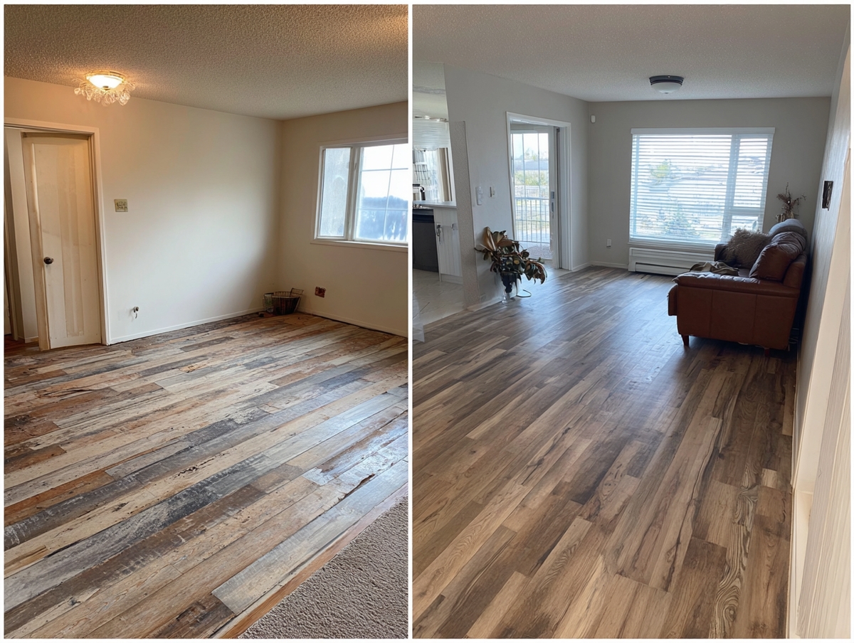 Comparación antes y después de instalación de piso laminado.