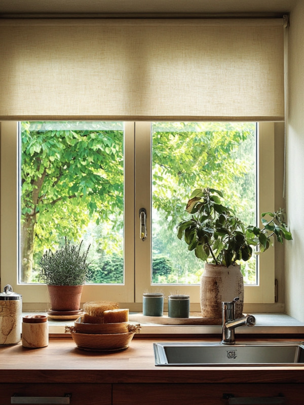 Cocina con persianas traslúcidas sin cortinas.