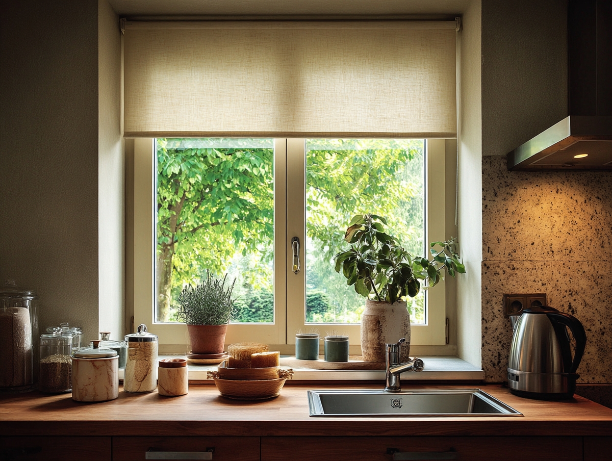 Cocina con persianas traslúcidas sin cortinas.