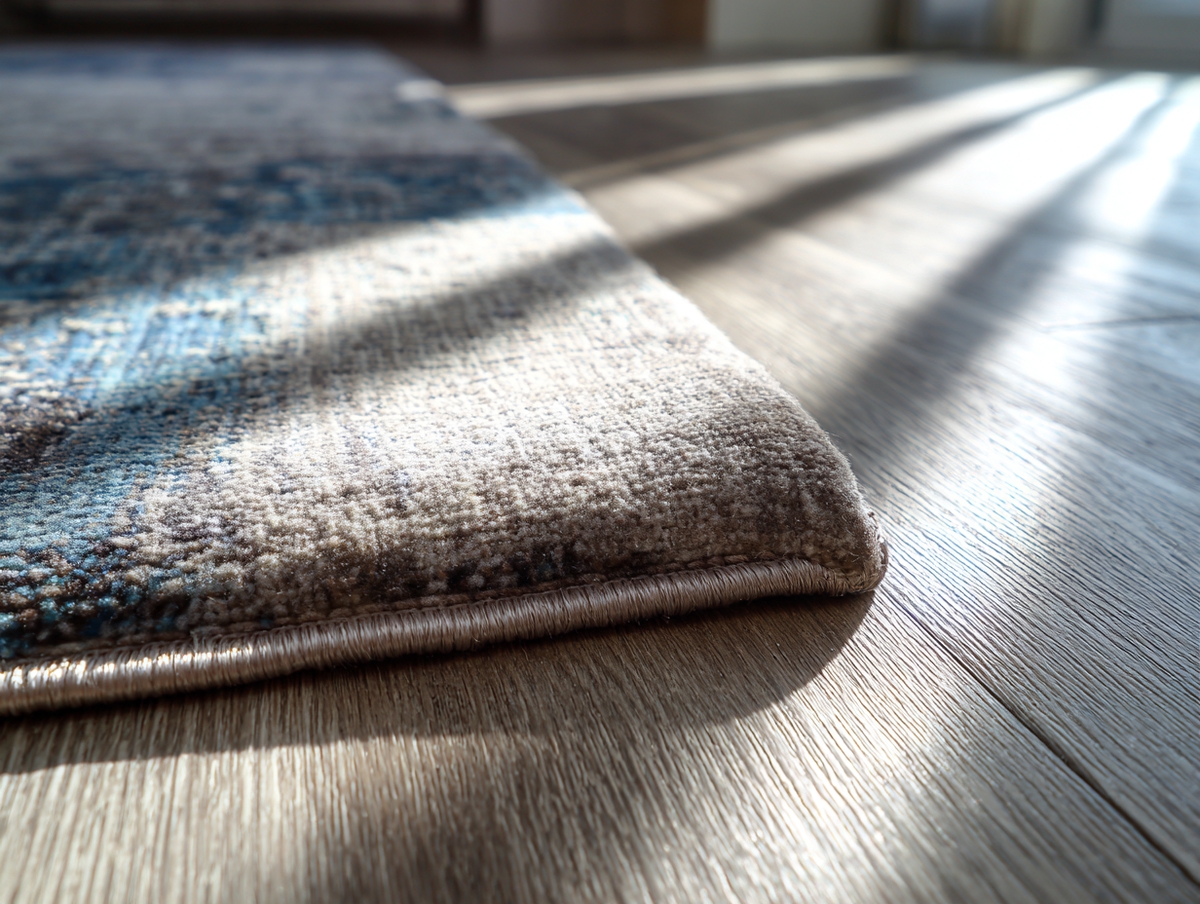 Textura de alfombra sobre piso laminado con luz natural.