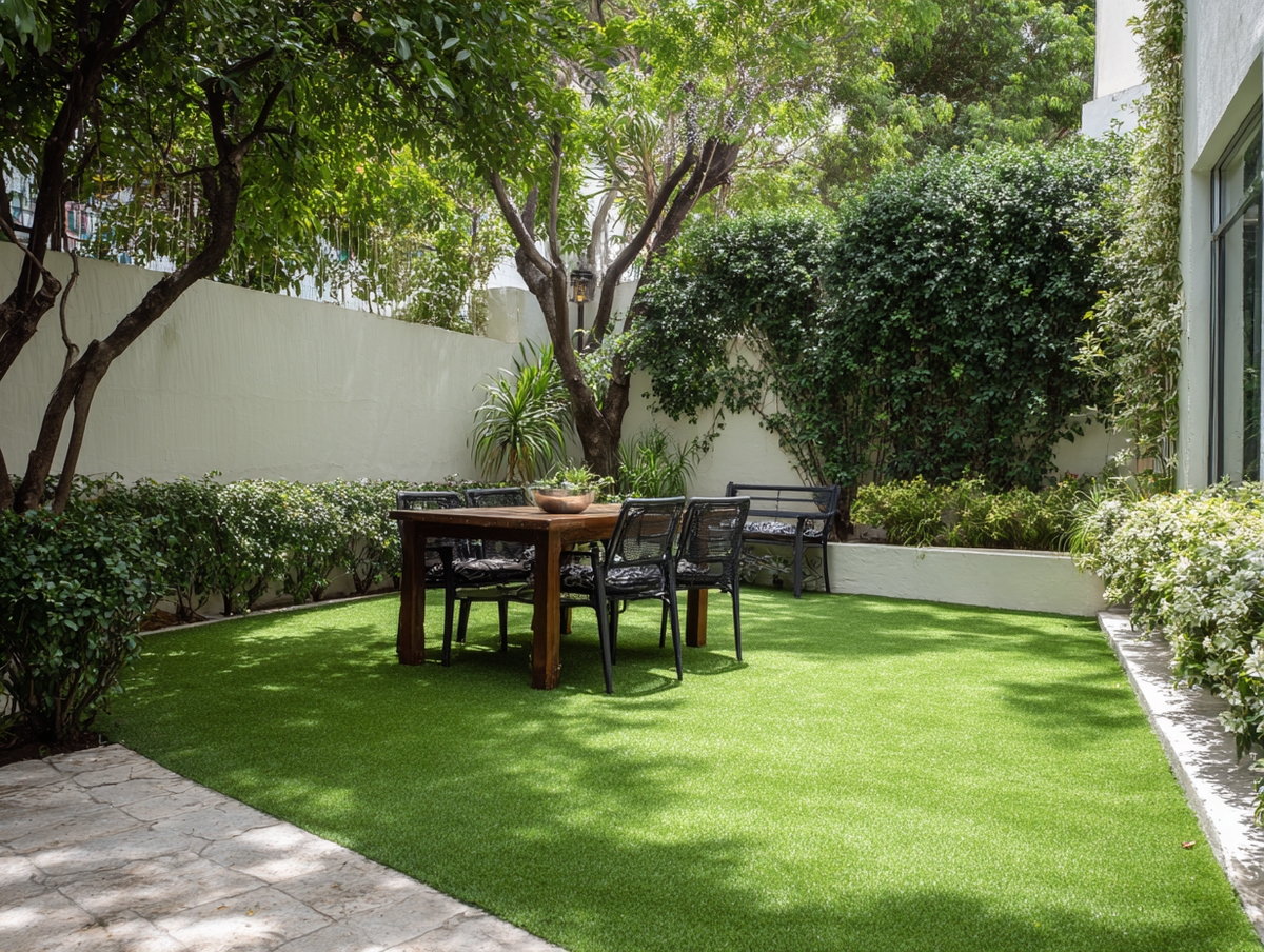 Jardín trasero en SLP con pasto sintético y mobiliario exterior.