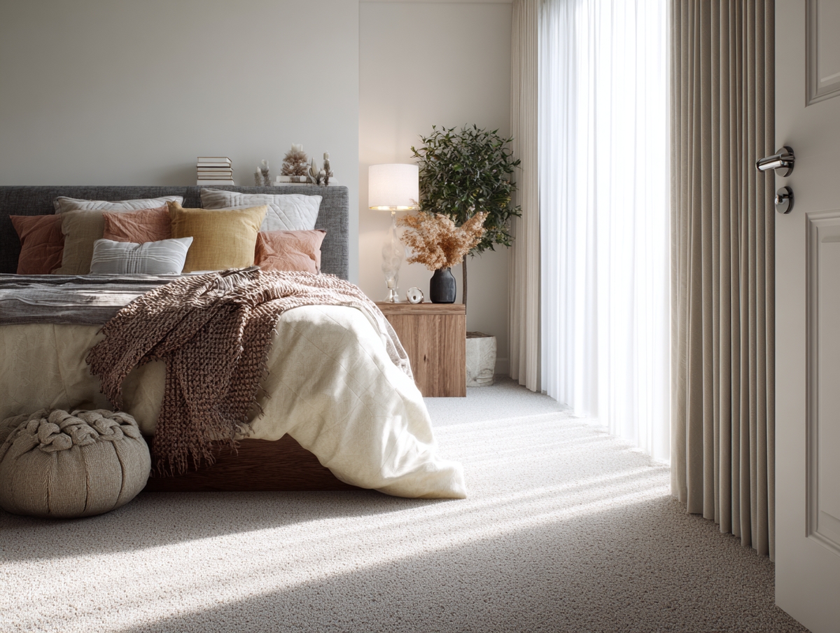 Recámara acogedora con alfombra clara y textiles suaves.