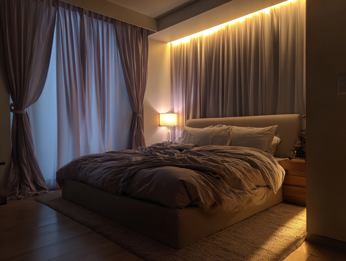Recámara con cortinas blackout y luz ambiental cálida.