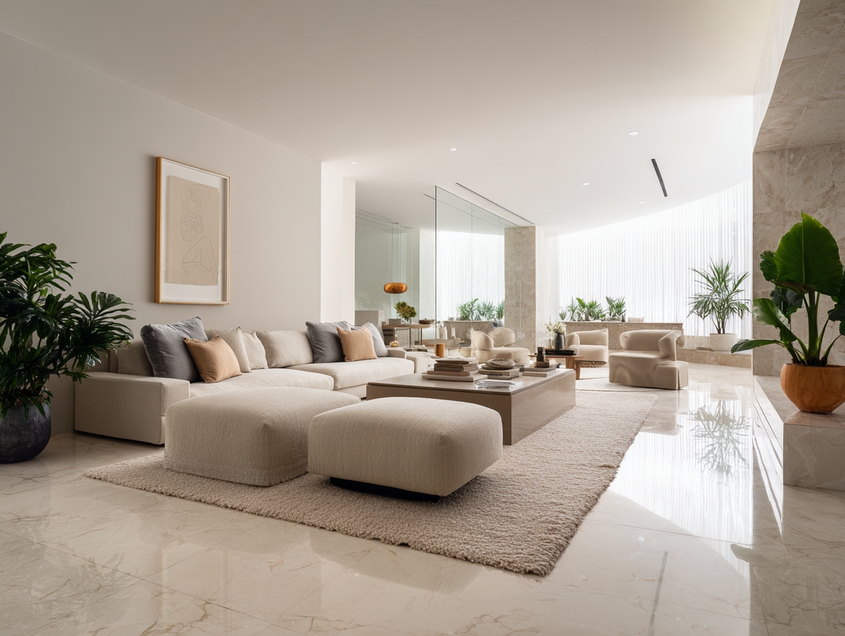 Sala moderna minimalista en SLP con alfombra beige y muebles neutros.