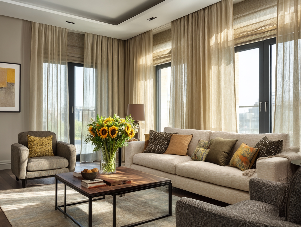 Sala elegante con cortinas sobre persianas blackout.