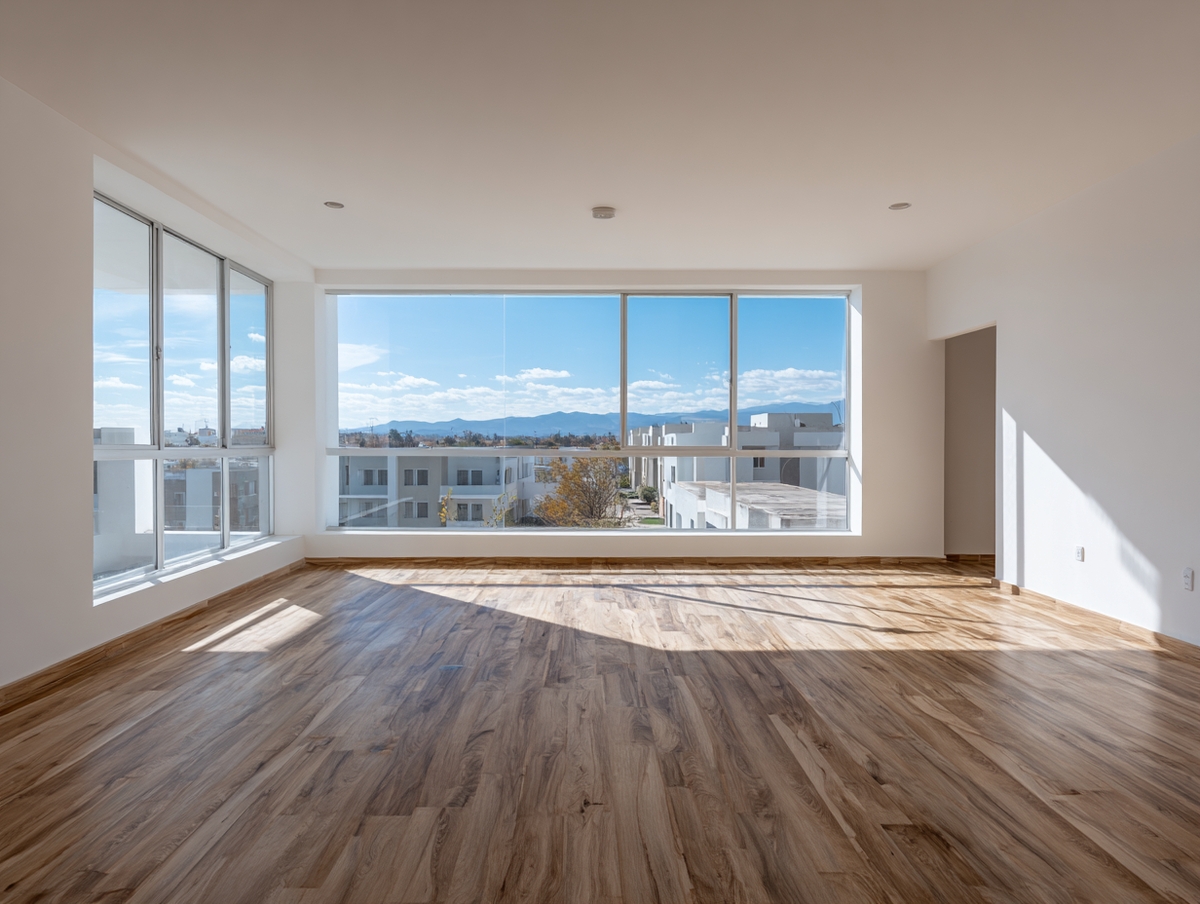 Sala moderna en SLP con piso laminado estilo roble.
