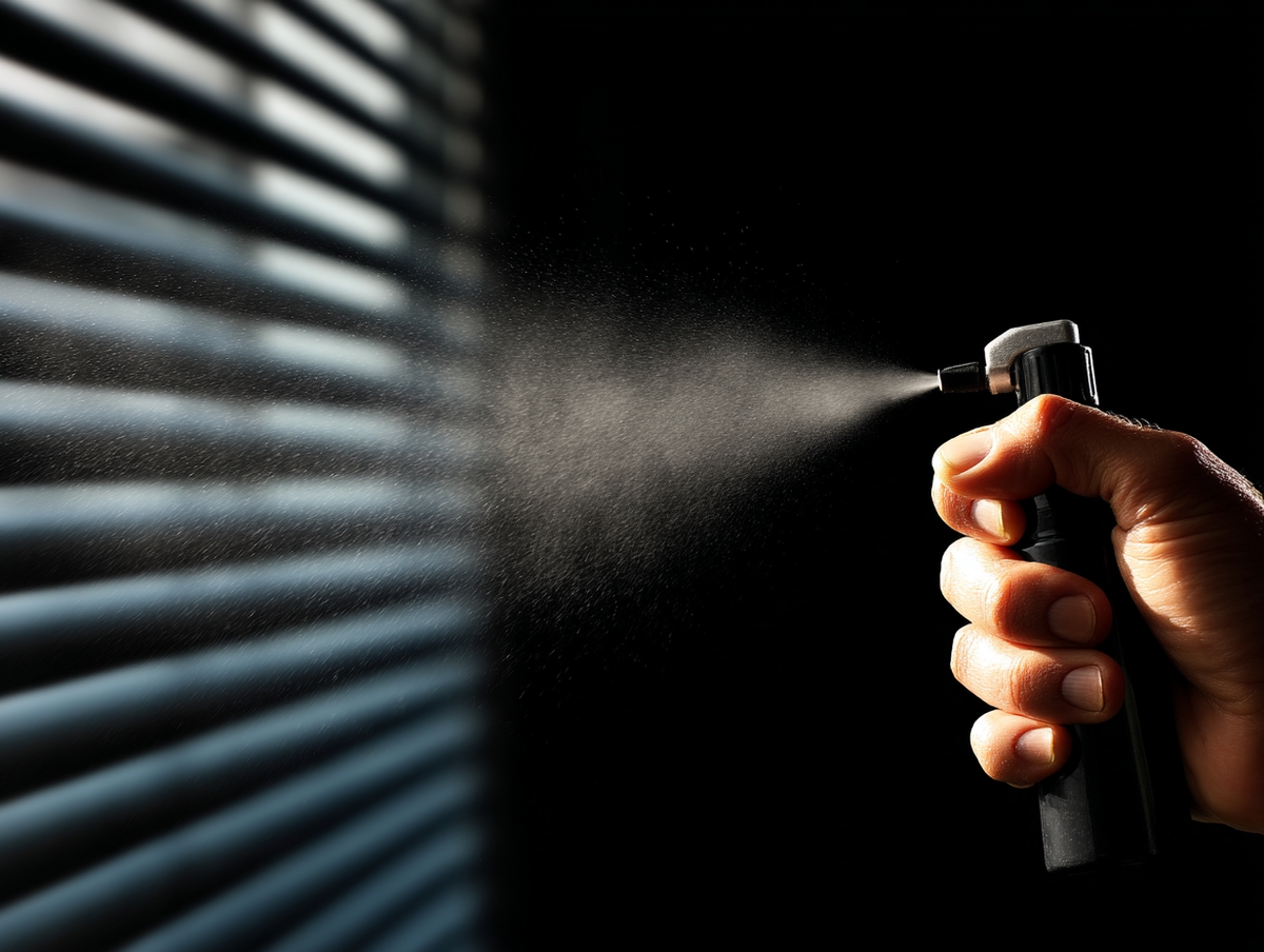 Aplicación de spray antipolvo en persianas venecianas.