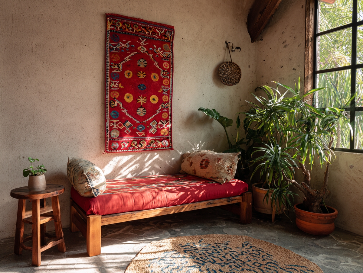 Tapete decorativo rojo estilo Teotitlán del Valle (Oaxaca) colgado como arte mural.