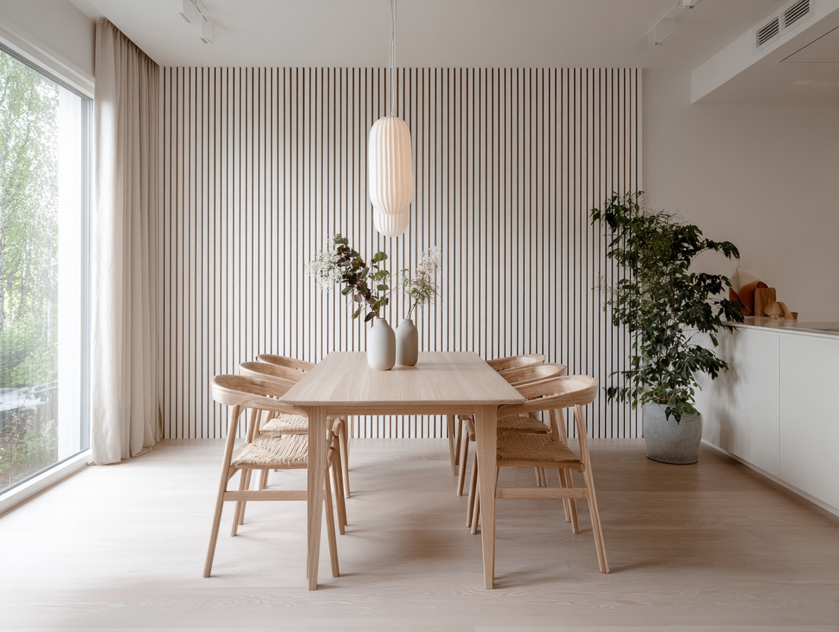 Comedor con lambrín blanco y piso de madera clara.