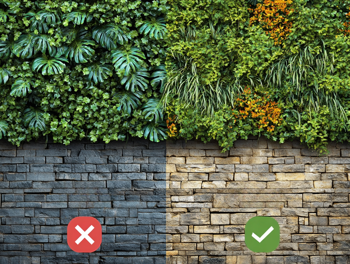Comparativa entre follaje artificial y natural en muro exterior.
