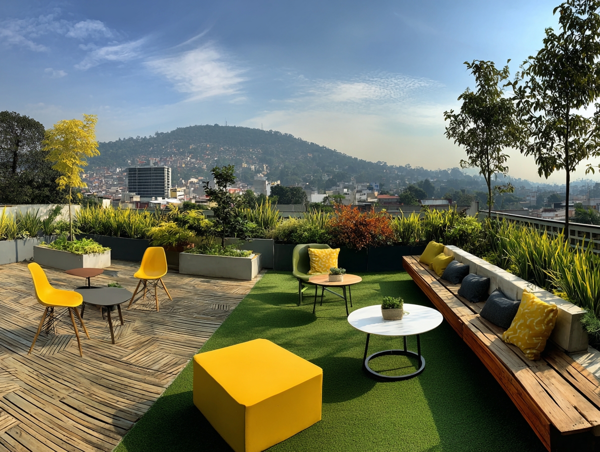 Jardín decorado con follaje artificial y pasto sintético en entorno urbano.