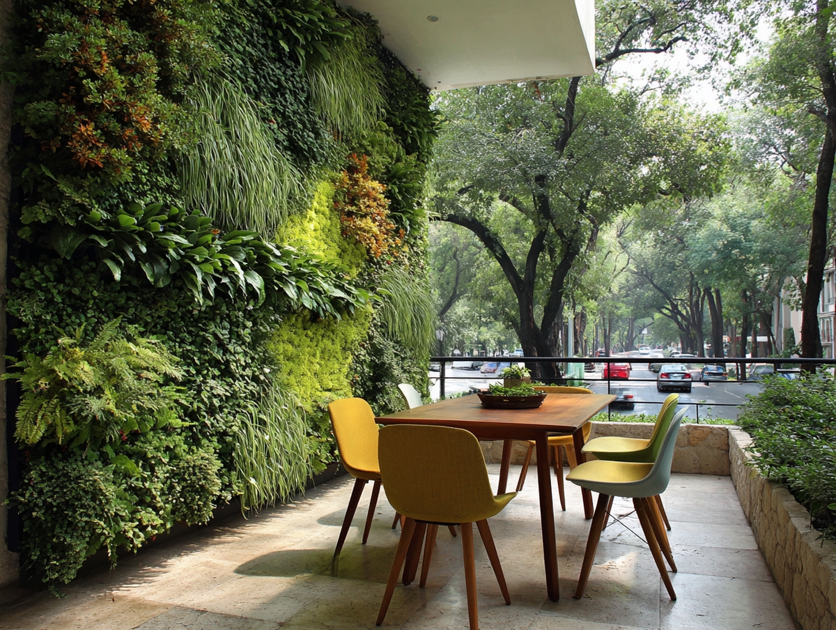 Muro de follaje artificial decorando una terraza moderna.