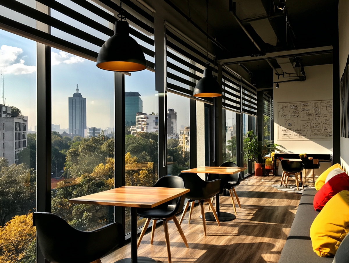 Oficina coworking minimalista con persianas día y noche negras y vista a edificios de la ciudad