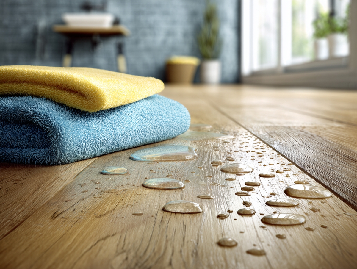 Piso laminado con gotas de agua y trapo secando superficie