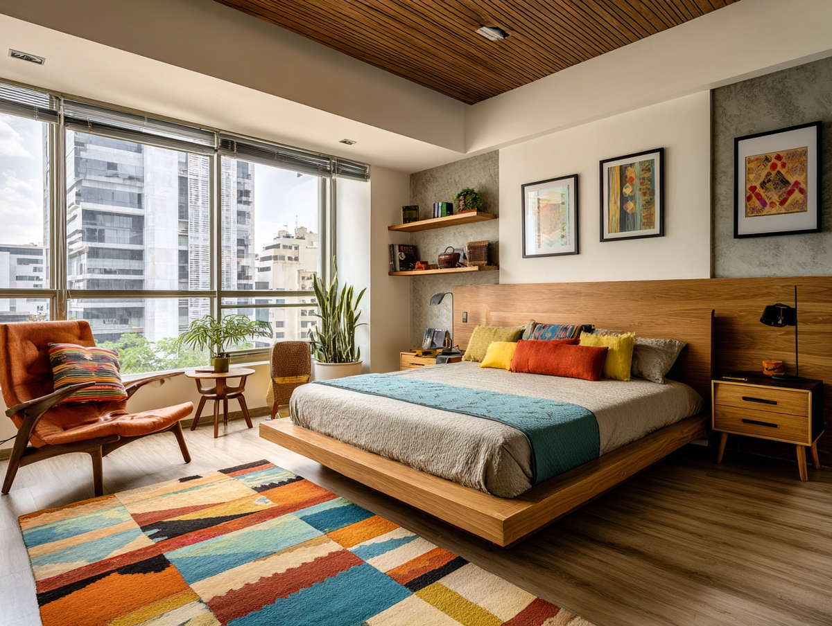 Habitación moderna con piso laminado roble claro y decoración escandinava