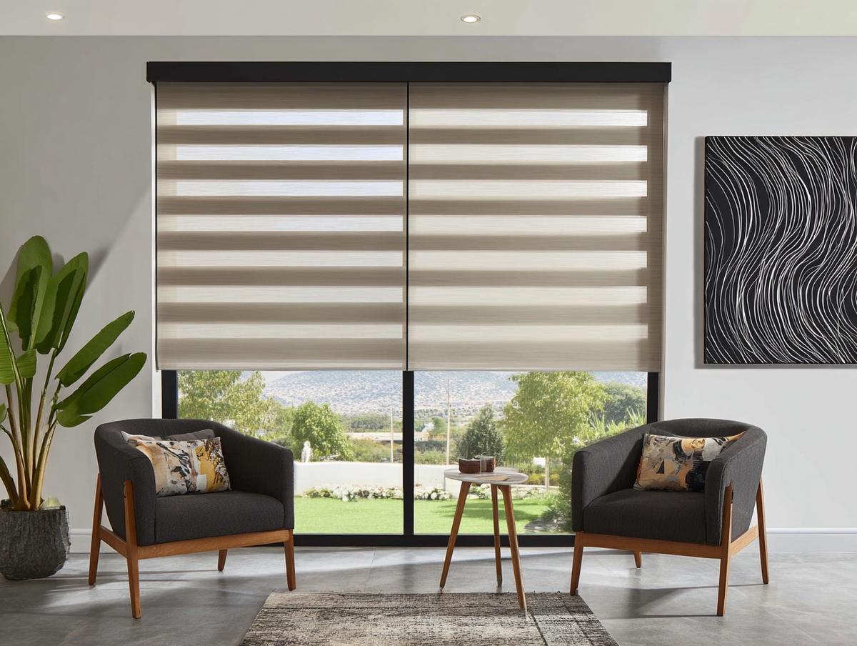 Sala moderna con persianas día y noche filtrando luz natural hacia un jardín exterior