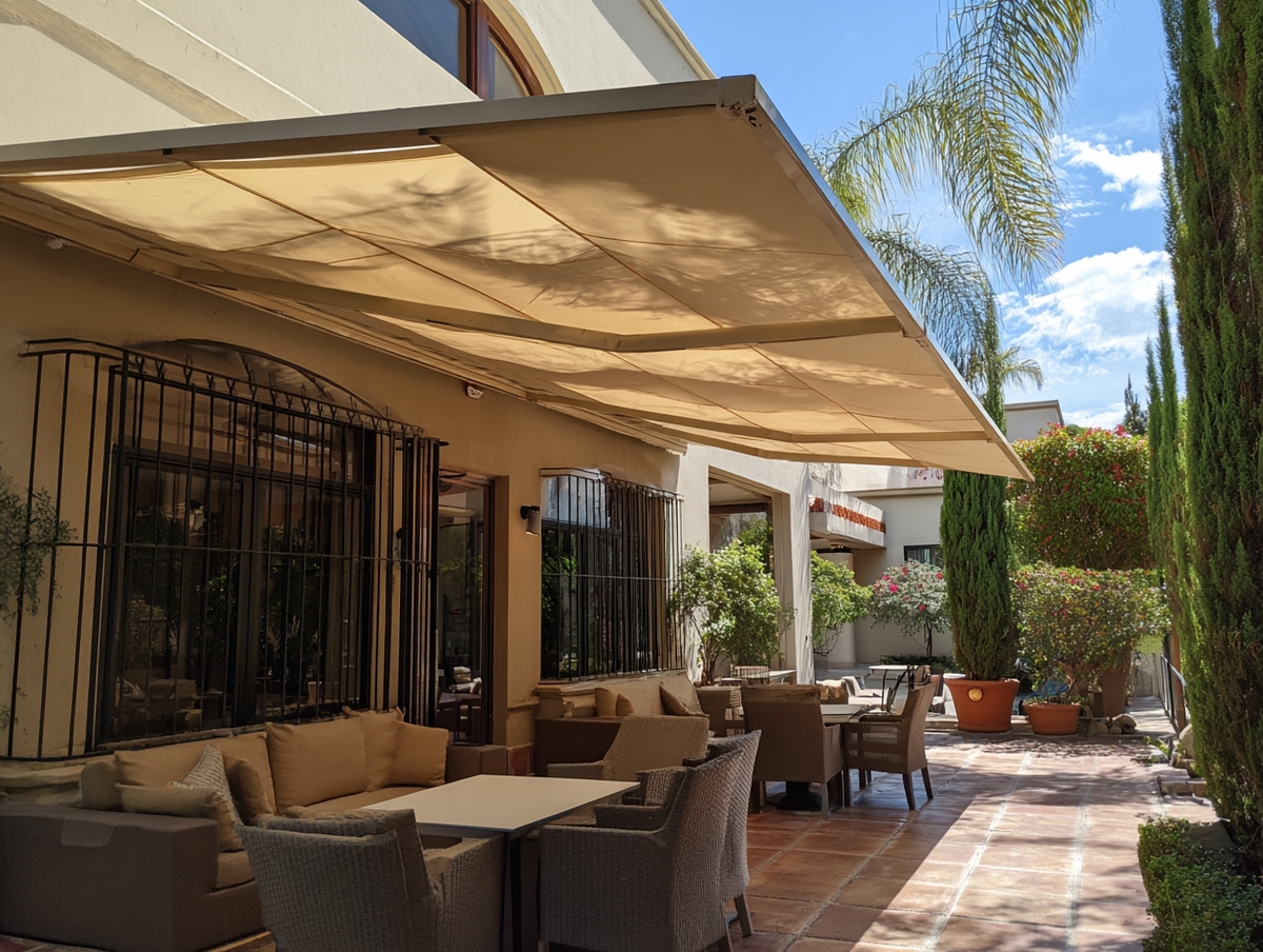 Terraza en SLP con toldo retráctil color beige y zona de descanso.