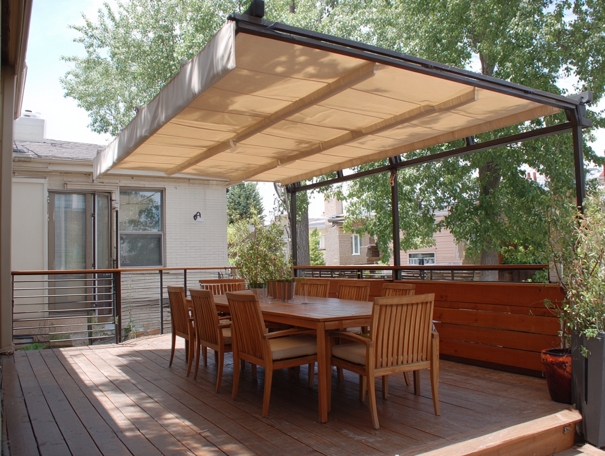 Toldo fijo en patio moderno sombreando comedor exterior.
