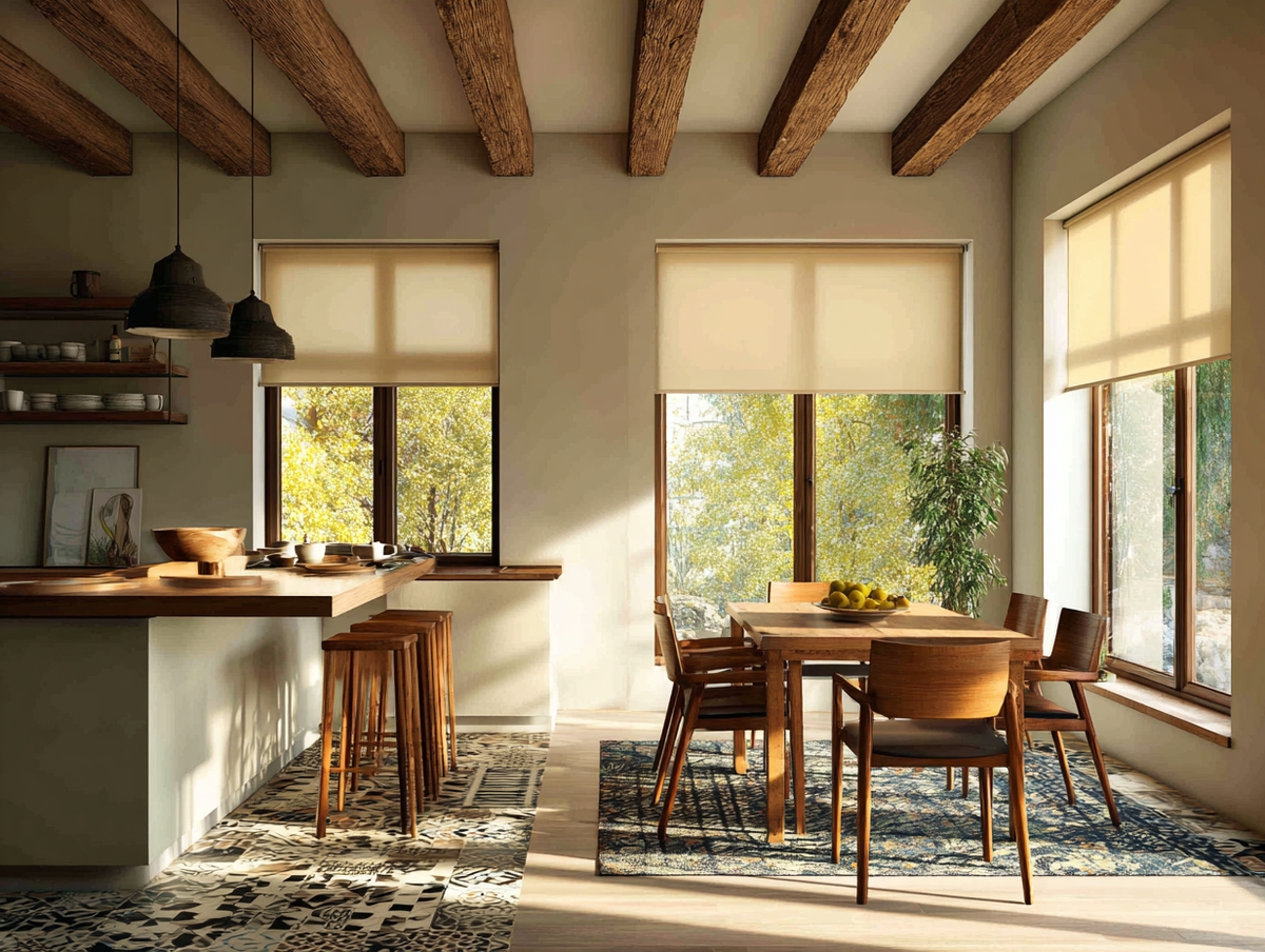 Cocina moderna con persianas traslúcidas y entrada de luz natural
