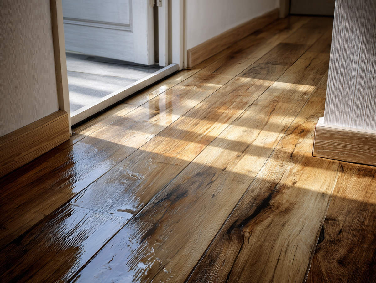 Piso laminado dañado por humedad con orillas levantadas