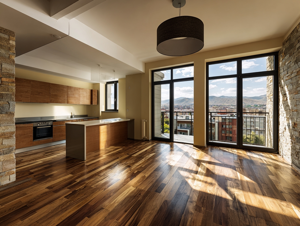Piso laminado claro bien instalado en espacio con luz natural