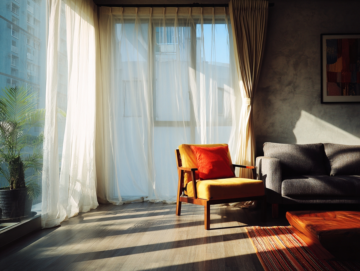 Sala iluminada con cortinas sheer y estilo escandinavo
