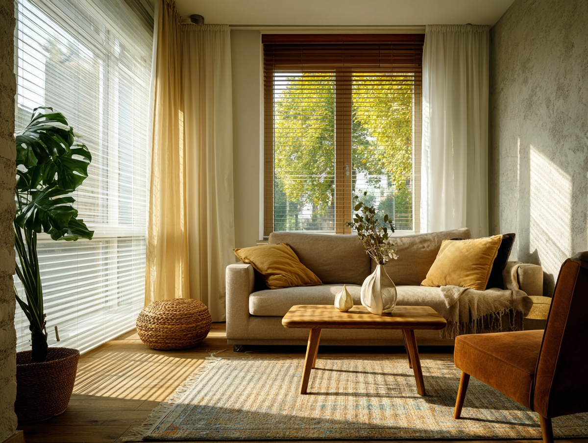 Sala moderna con persianas sheer y luz natural