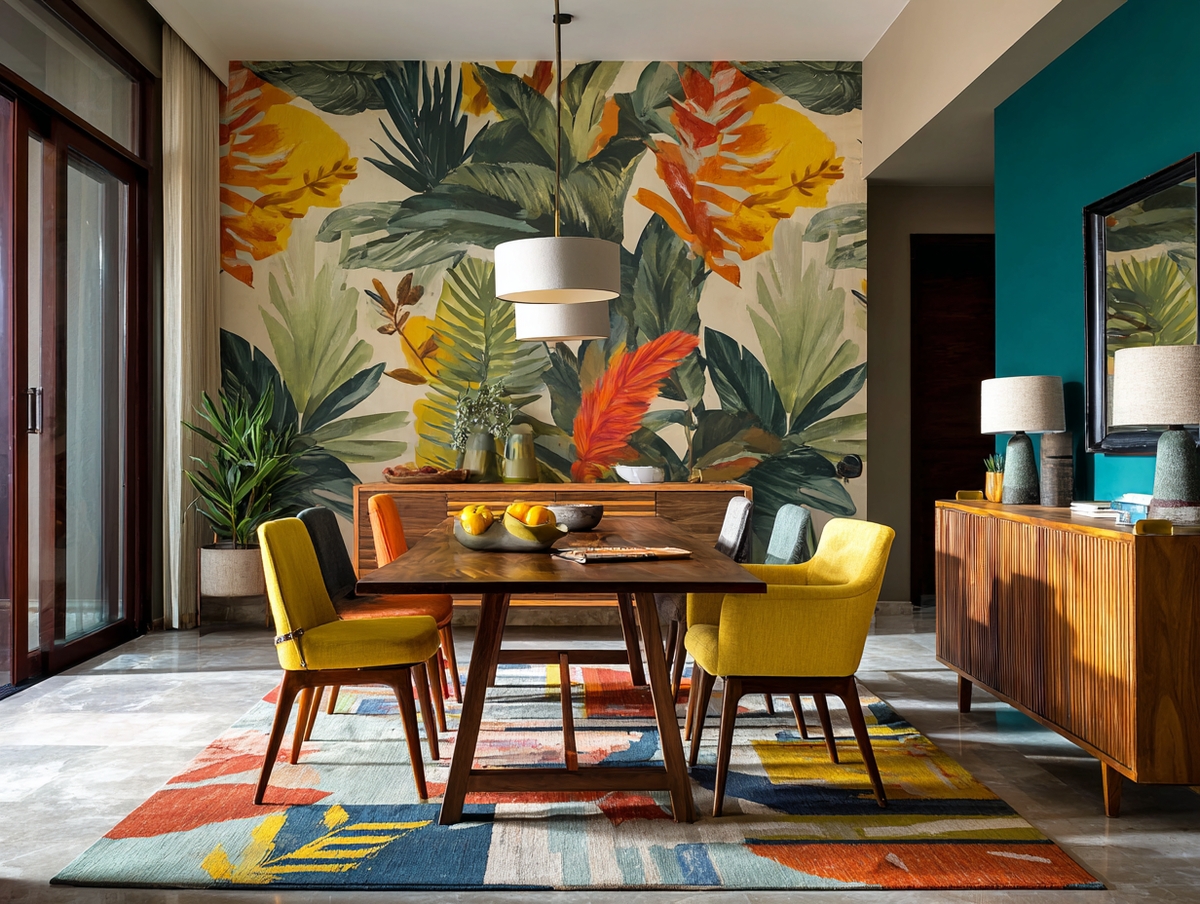 Comedor con pared de acento en papel tapiz tropical