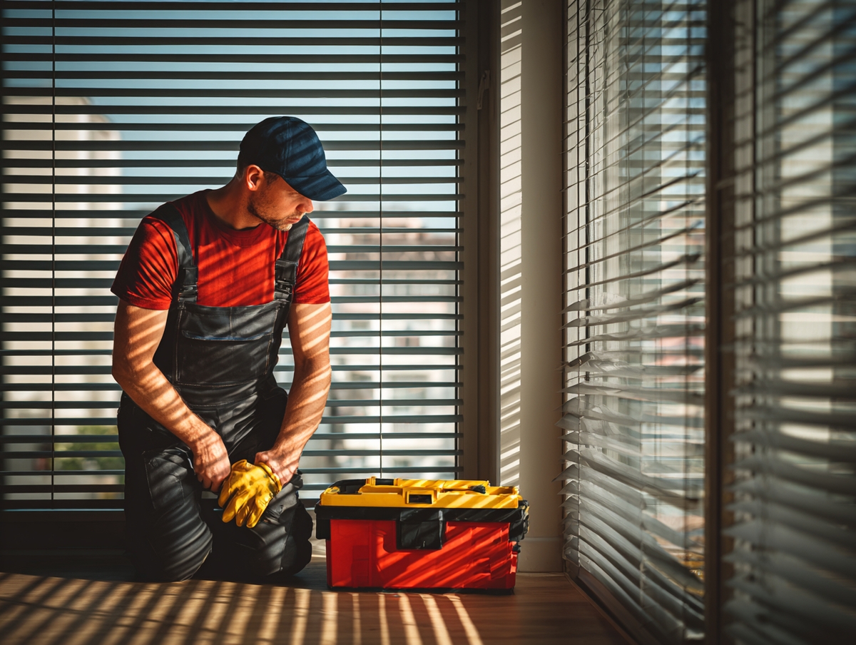 Instalador profesional colocando persianas en casa con herramientas.
