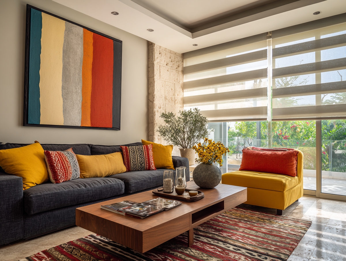 Sala moderna con persianas día y noche y decoración acogedora.