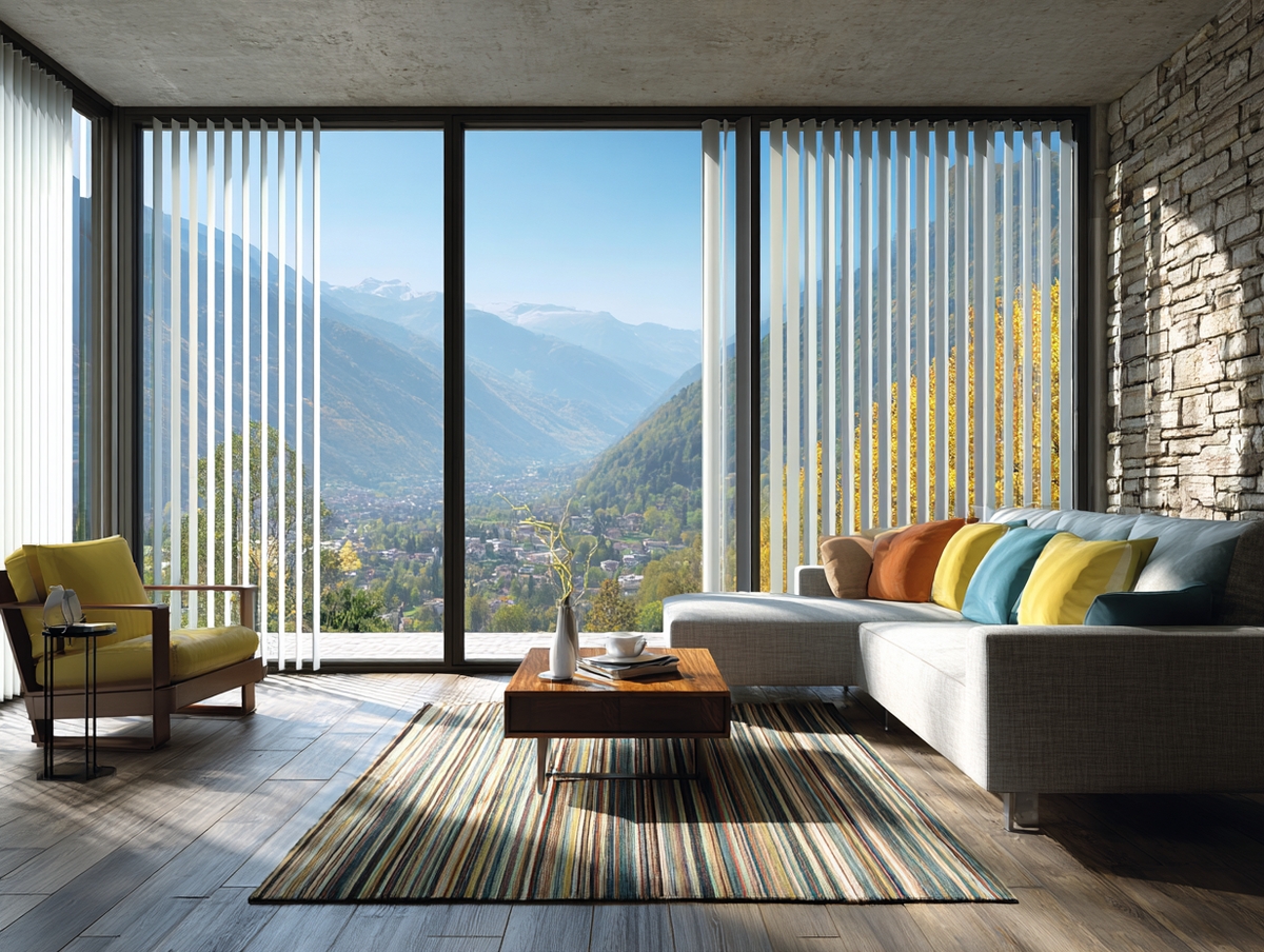 Sala minimalista con persianas verticales en puertas de cristal.