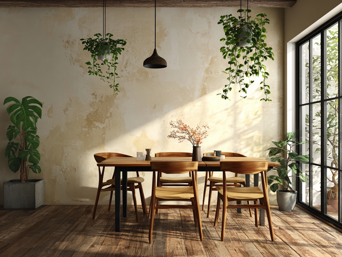 Comedor minimalista con pisos de madera y plantas artificiales colgantes