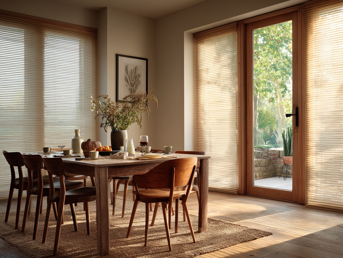 Comedor minimalista con persianas y luz suave