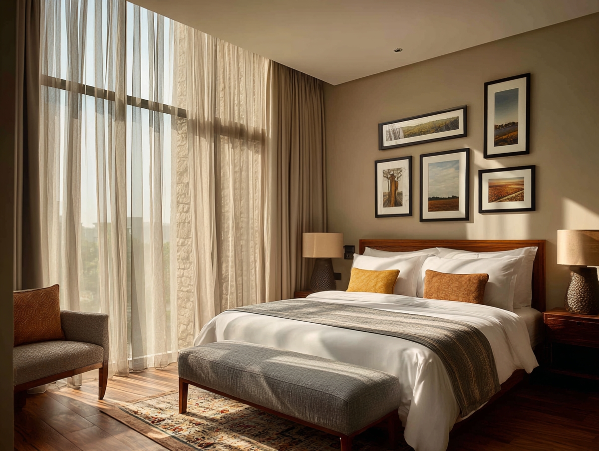 Suite de hotel de lujo con cortinas y persianas sheer elegance
