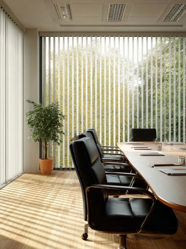 Oficina corporativa con persianas verticales modernas en sala de juntas