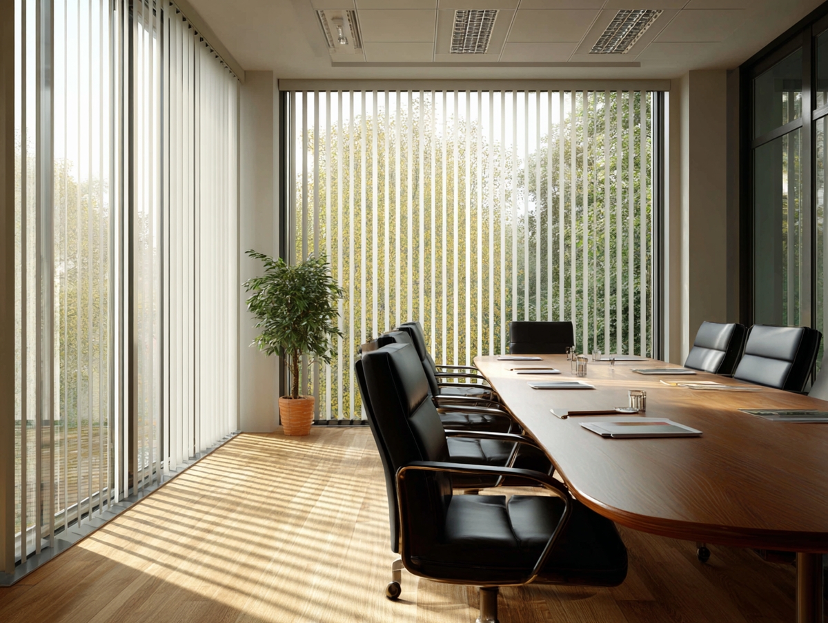Oficina corporativa con persianas verticales modernas en sala de juntas