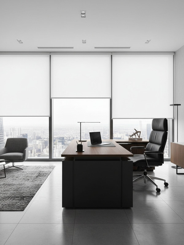 Oficina ejecutiva moderna con persianas enrollables blancas, escritorio de madera y vista panorámica a la ciudad