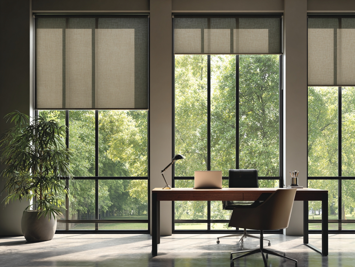 Oficina moderna con persianas enrollables en ventanas grandes, estilo minimalista